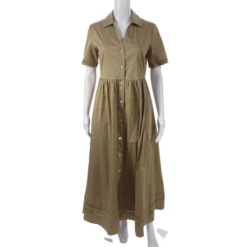 Purotatto Women Shirt Dress Beige Short Sleeve Mid-Calf Collared Size 38